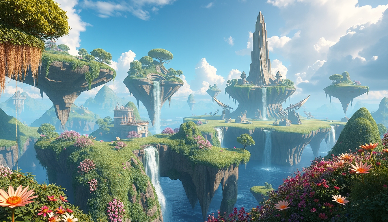 A surreal digital landscape with floating islands, cascading waterfalls, and vibrant flora, creating a dreamlike scene. - Image