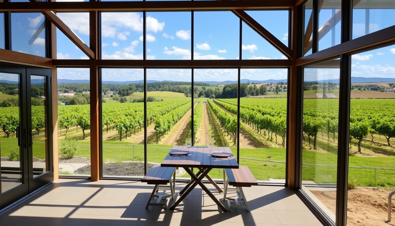 A picturesque vineyard with a glass-walled tasting room overlooking the grapevines. - Image