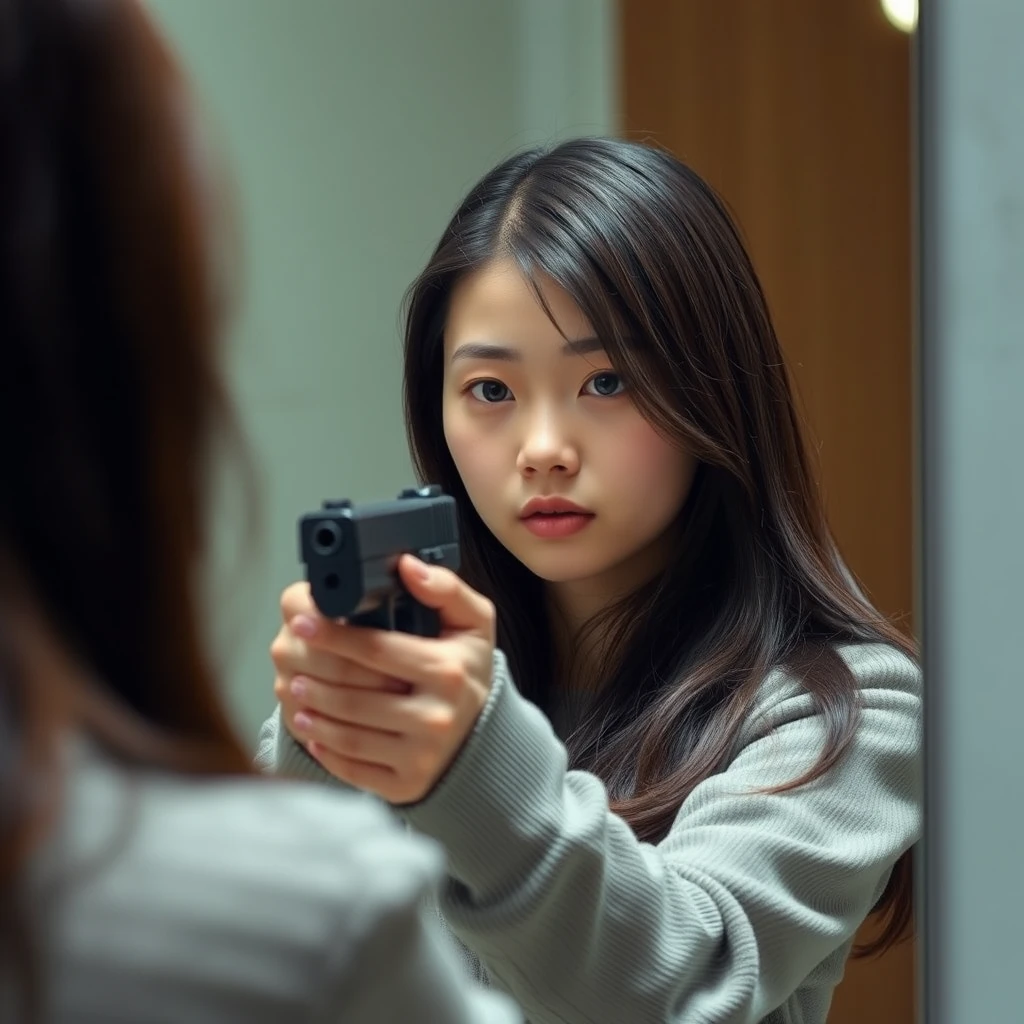 A young woman is holding a gun while looking in the mirror. Note that she is Chinese.