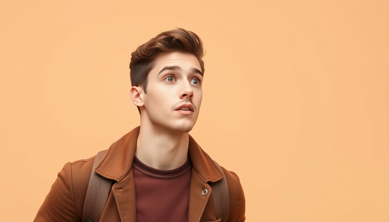 Photo portrait of a pretty young male looking shocked into empty space, wearing a trendy brown outfit, isolated on a khaki color background.