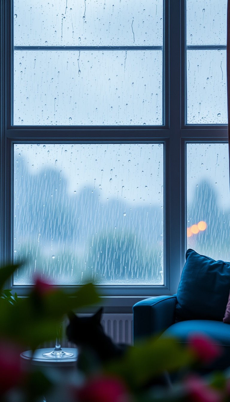 A large east-facing window, there was a huge rainstorm outside the window, aesthetic sense, royal blue, glowing neon yellow, pink, depth of field, foreground blur, comfortable, comfortable, relaxed, a cat, master composition.