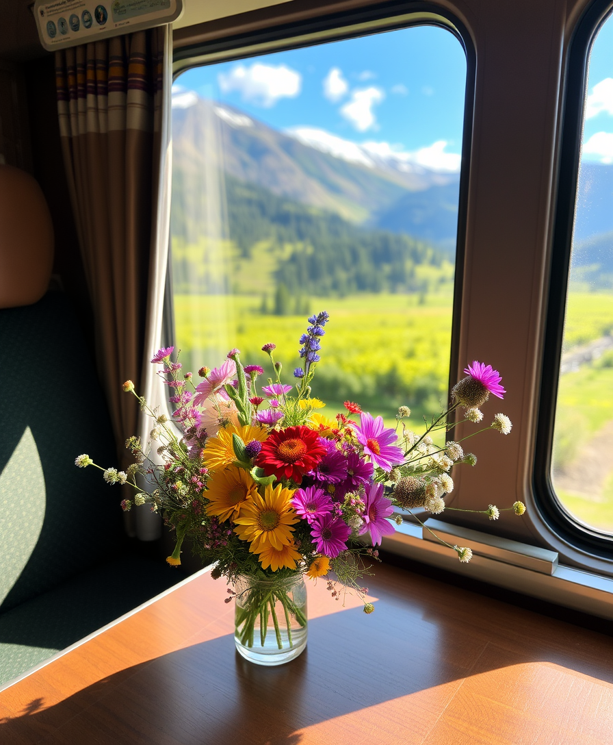 A bouquet of wildflowers on a table in a cozy compartment, a stunning view opens outside the train window.