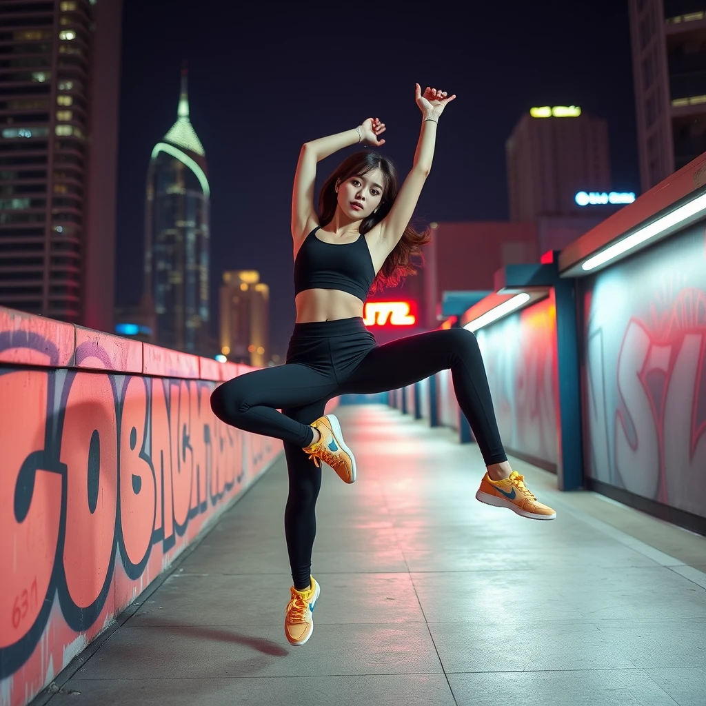 Urban Athletic Elegance
Concept: Capture the energy of the city and the grace of an athlete.
Style: Sleek, minimalist athletic wear paired with bold accessories. Think black leggings, crop tops, and neon sneakers.
Setting: Urban landscapes like city streets, rooftop helipads, or subway stations.
Pose: Dynamic poses that showcase the athlete's strength and flexibility, such as jumping, stretching, or doing a handstand against a graffiti wall.
Lighting: Use neon lights and cityscapes to create a dramatic, high-contrast look.

22-year-old girl, Korean idol.