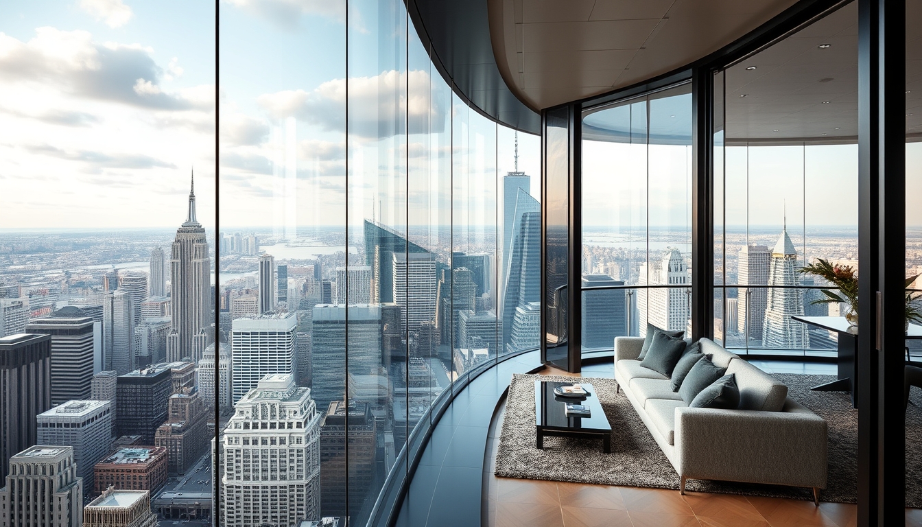 A luxurious glass-walled penthouse apartment overlooking a bustling city. - Image