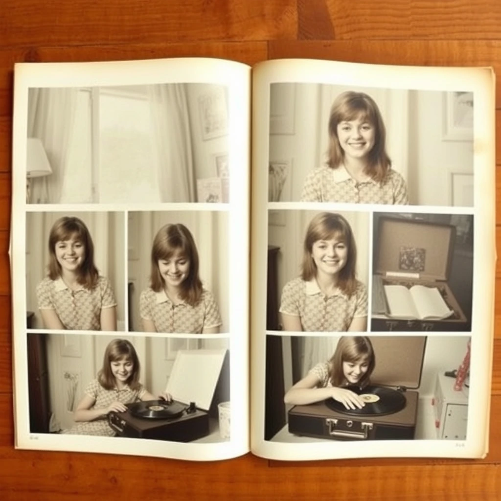 Two pages of old magazine pages with a wide photo arrangement featuring 6 frames of a 15-year-old preppy and pretty girl in Greenwich, Connecticut in 1971, in her bedroom listening to her record player. In each frame, she maintains consistent features but showcases different expressions, such as joyful, funny, smile, playful, nice, etc. Each frame is uniformly sized and evenly spaced for hassle-free cropping; she maintains consistent features but showcases different expressions.