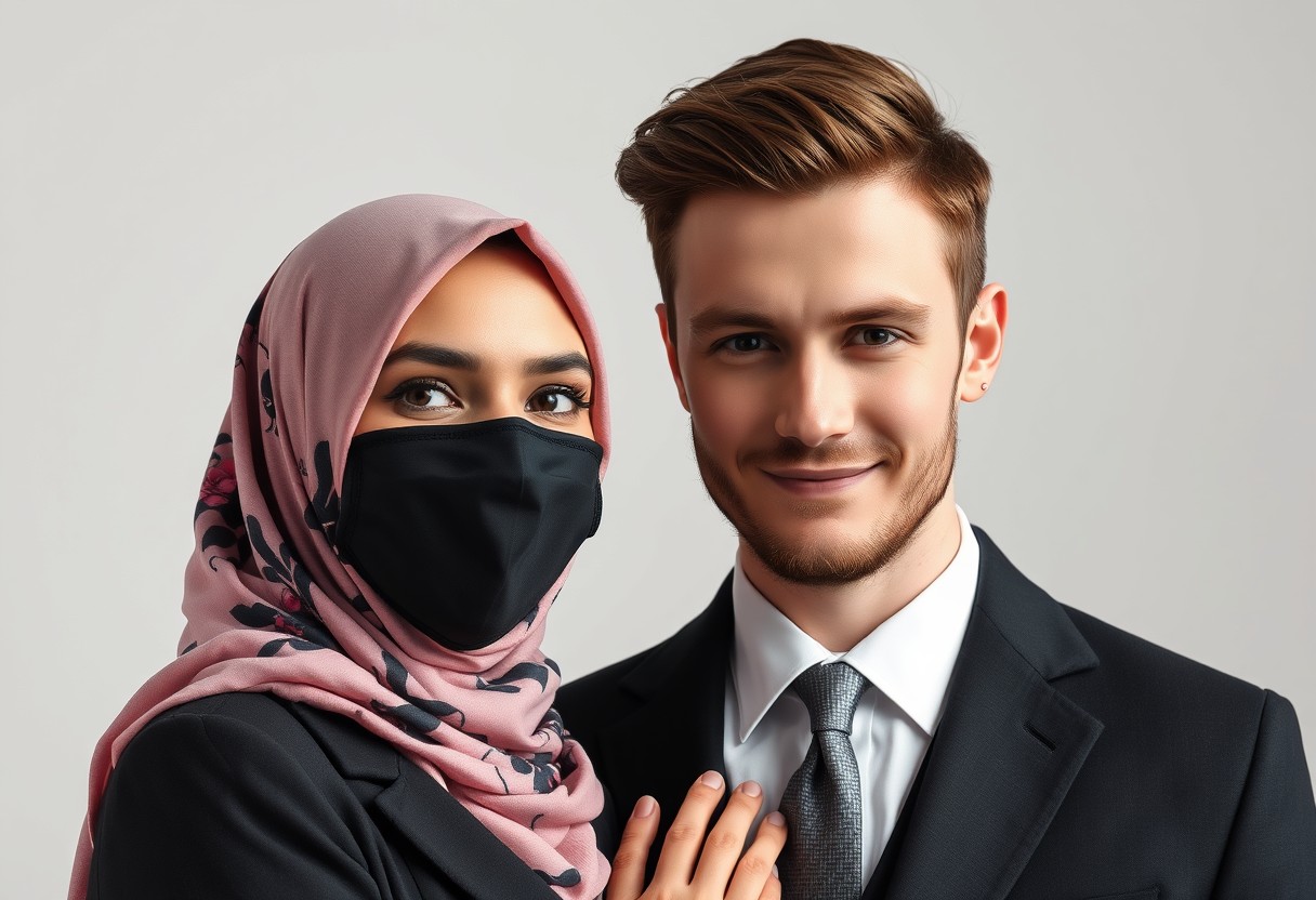 Jamie Dornan's head and body shot, handsome, young, shy smile, white shirt half buttoned, grey patterned tie, black coat suit, dating love with the biggest soft pink hijab girl, beautiful eyes, black face mask, biggest floral juba, hyper-realistic, studio photography, full photo.