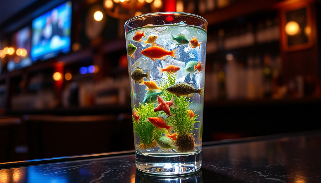 When I drink this cocktail, I feel like I am drinking a whole ecosystem. Colorful creatures swim in its tall crystal clear glass. The backlight in the pub makes them so much more interesting. - Image