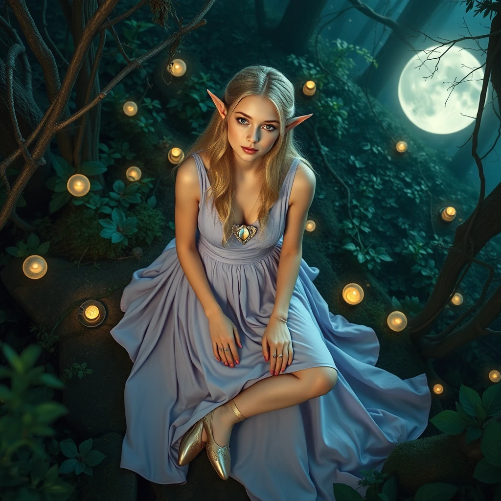 Wide shot from above sitting, between the legs, arm at side, head tilt, (enchanting elf with long pointed ears) young woman, slender build, high elf, fair skin, golden eyes, wavy hair, wearing a soft lavender luxurious elven dress, satin ballet shoes with ethereal motifs, elven ear cuffs, moonstone ring, silver eyeliner, leaf-shaped brooch, set in an otherworldly enchanted forest, with glowing plants, magical creatures, and an enchanting ambiance, in the moonlight.