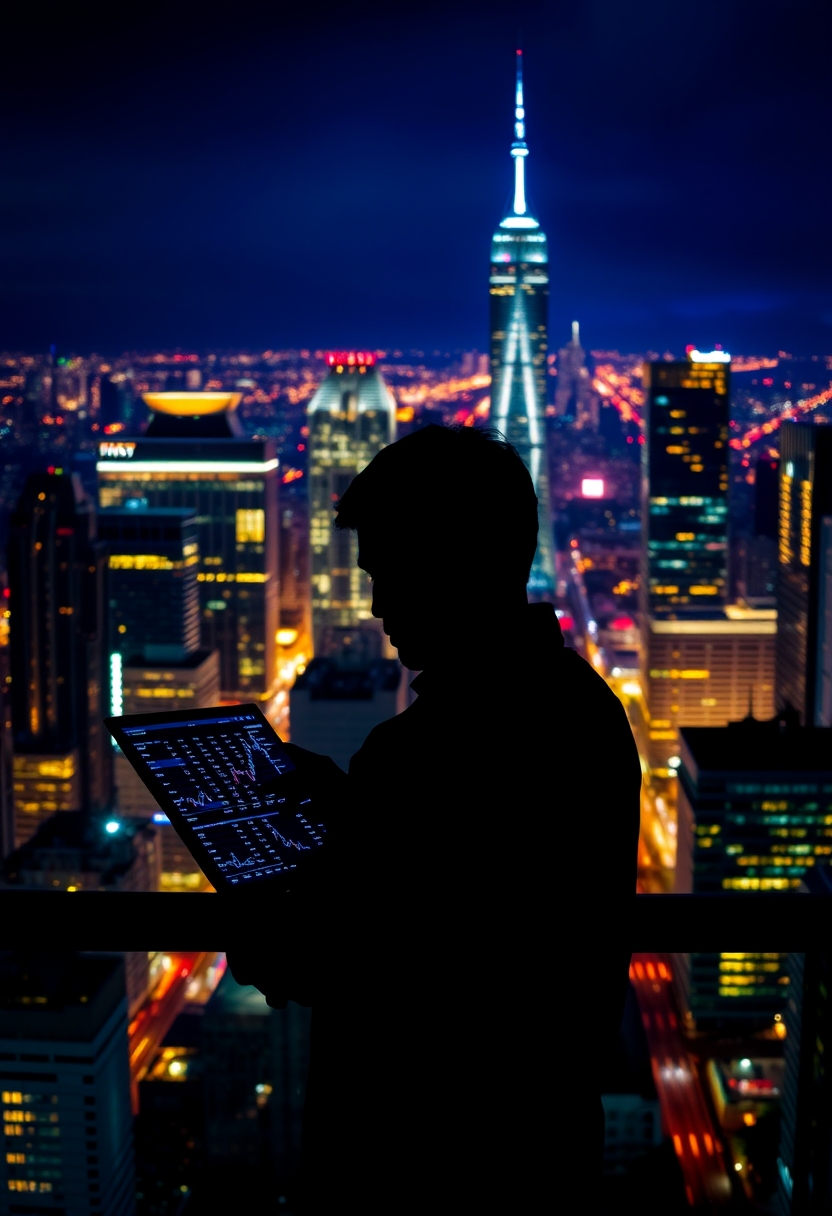 Silhouette of a person analyzing financial data with a vibrant cityscape background at night.