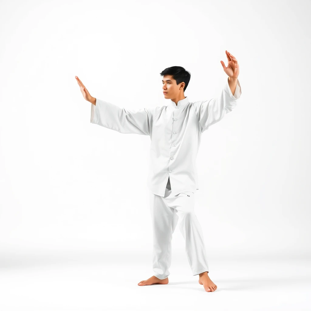 Photo of a college male performing Tai Chi in the White Crane Spreads Its Wings posture. He stands in a balanced and poised stance with one hand extended upward and the other hand extended downward, mimicking the wings of a crane. The background is serene and minimalistic, emphasizing the fluid and controlled movements of Tai Chi.