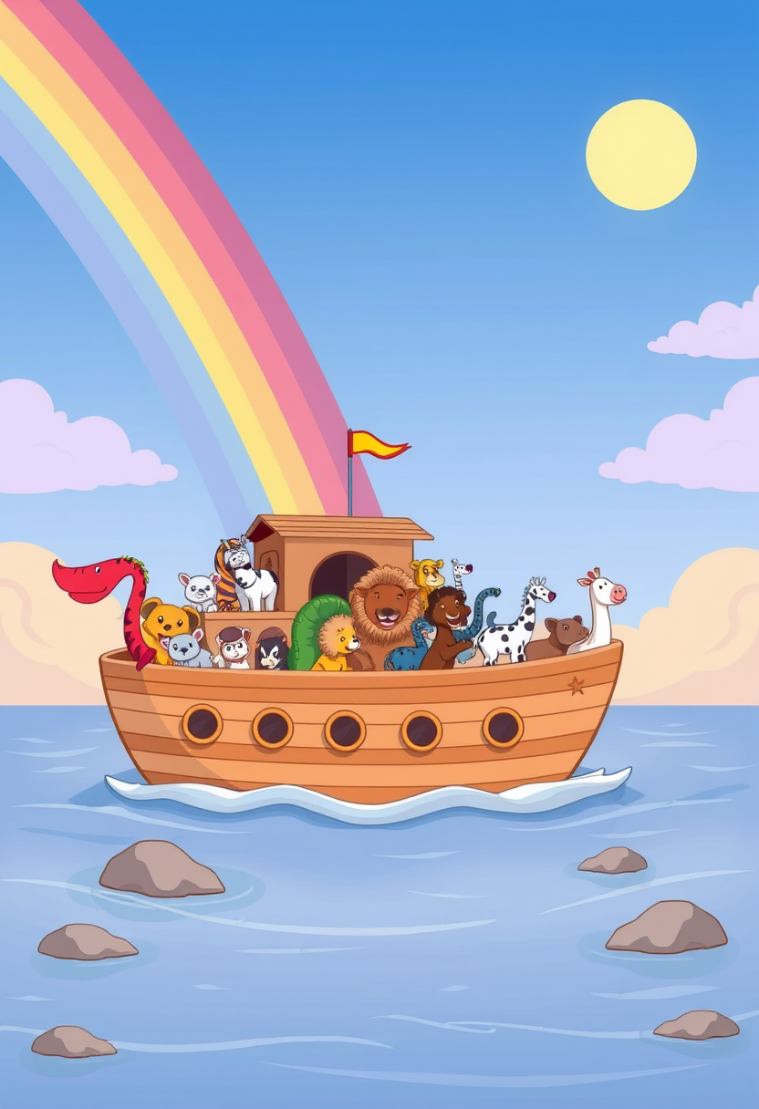 Create a colorful illustration of Noah's Ark, filled with various animals, floating on a gentle sea under a bright rainbow. Cartoon style, thick lines, low details, no shading.