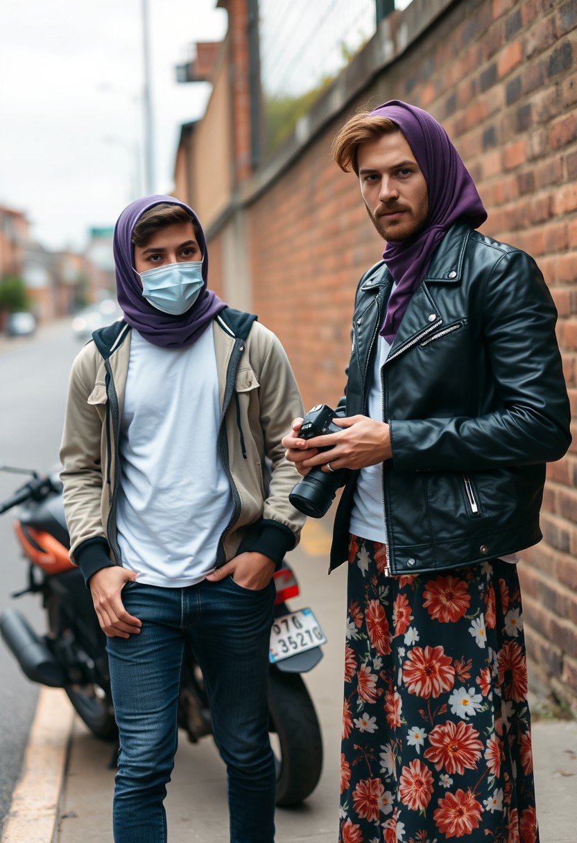 Jamie Dornan and Freddie Prinze head and body shot, handsome, young, serious face, dark brown hair, white t-shirt, collage jacket, skinny jeans, sneakers, standing, talking to each other with the biggest Muslim girl in a purple hijab, beautiful eyes, face mask, black leather jacket, biggest floral skirt, holding a Canon DSLR camera, near the town road, superbike, hyper-realistic, street photography, brick wall, full-body photo. - Image