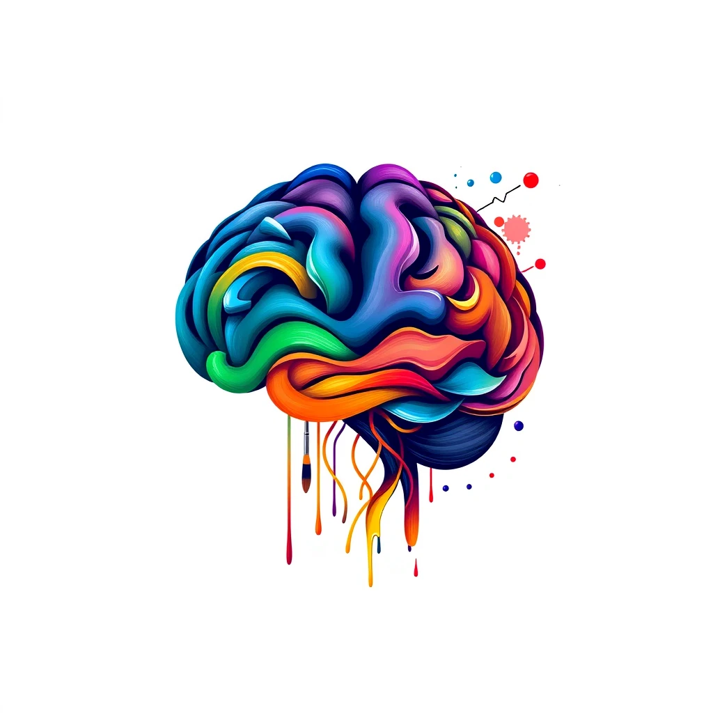 Logo of artistic intelligence: sleek, abstract brain intertwined with paintbrush strokes. Vibrant neural pathways pulse with rainbow hues. Minimalist yet intricate design on stark white background. Futuristic Art Nouveau style. Conveys creativity, innovation, and technological synergy. Evokes awe and curiosity. - Image