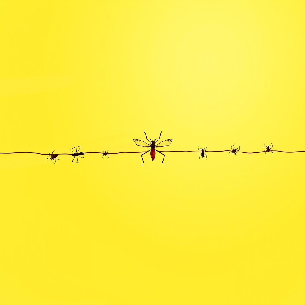 a single line made of insects, yellow background, realistic photograph