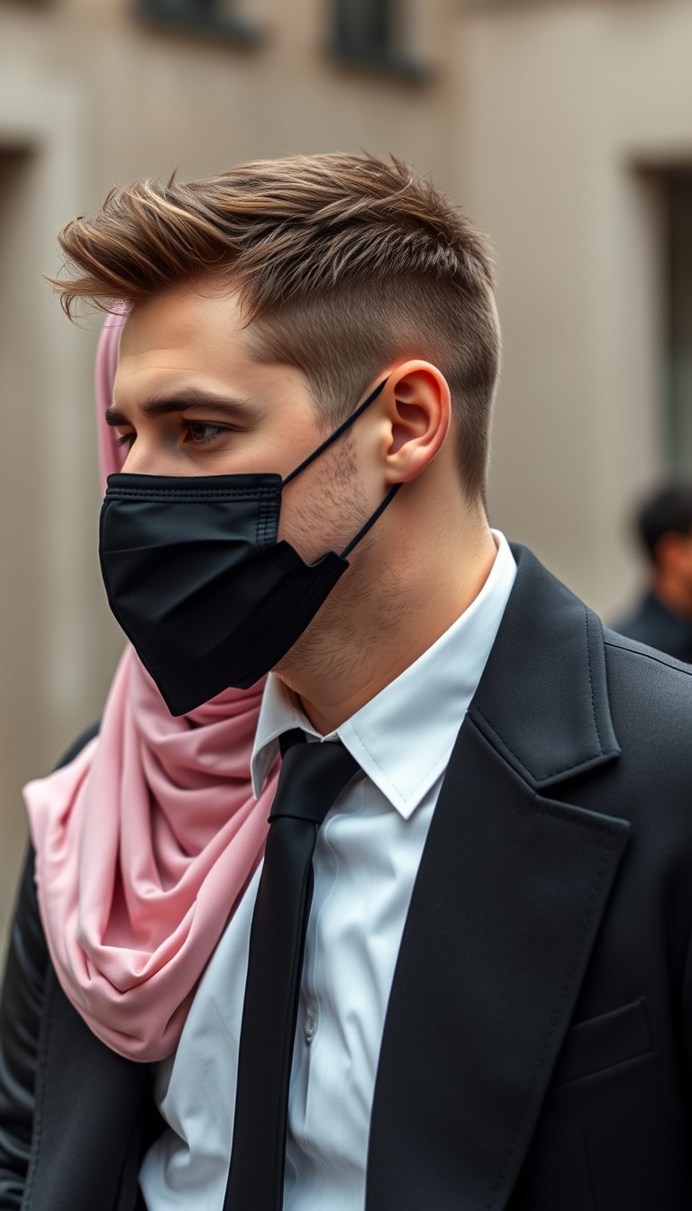 Jamie Dornan's head and body shot, handsome, young, black face mask, half-buttoned white shirt, tie, black coat suit, dating love with the biggest soft pink hijab girl, beautiful eyes, black leather jacket, black face mask, biggest floral skirt, hyper-realistic, street photography. - Image