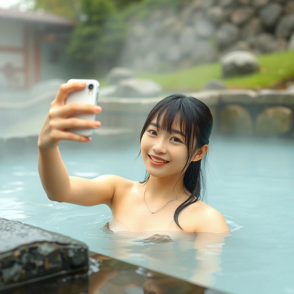 Japanese high school girl taking a selfie in a hot spring. - Image