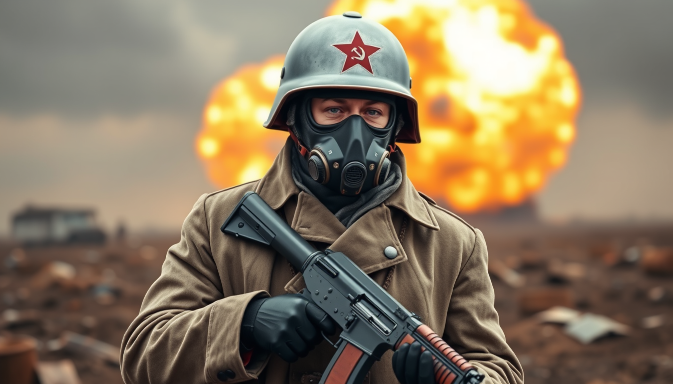 Generate a conscript soldier with a silver helmet, Soviet red hammer and sickle logo on the helmet, wearing a gas mask, long coat, leather belt, black leather gloves, holding an AK-47 automatic rifle, standing in a battlefield, with an explosion in the background.