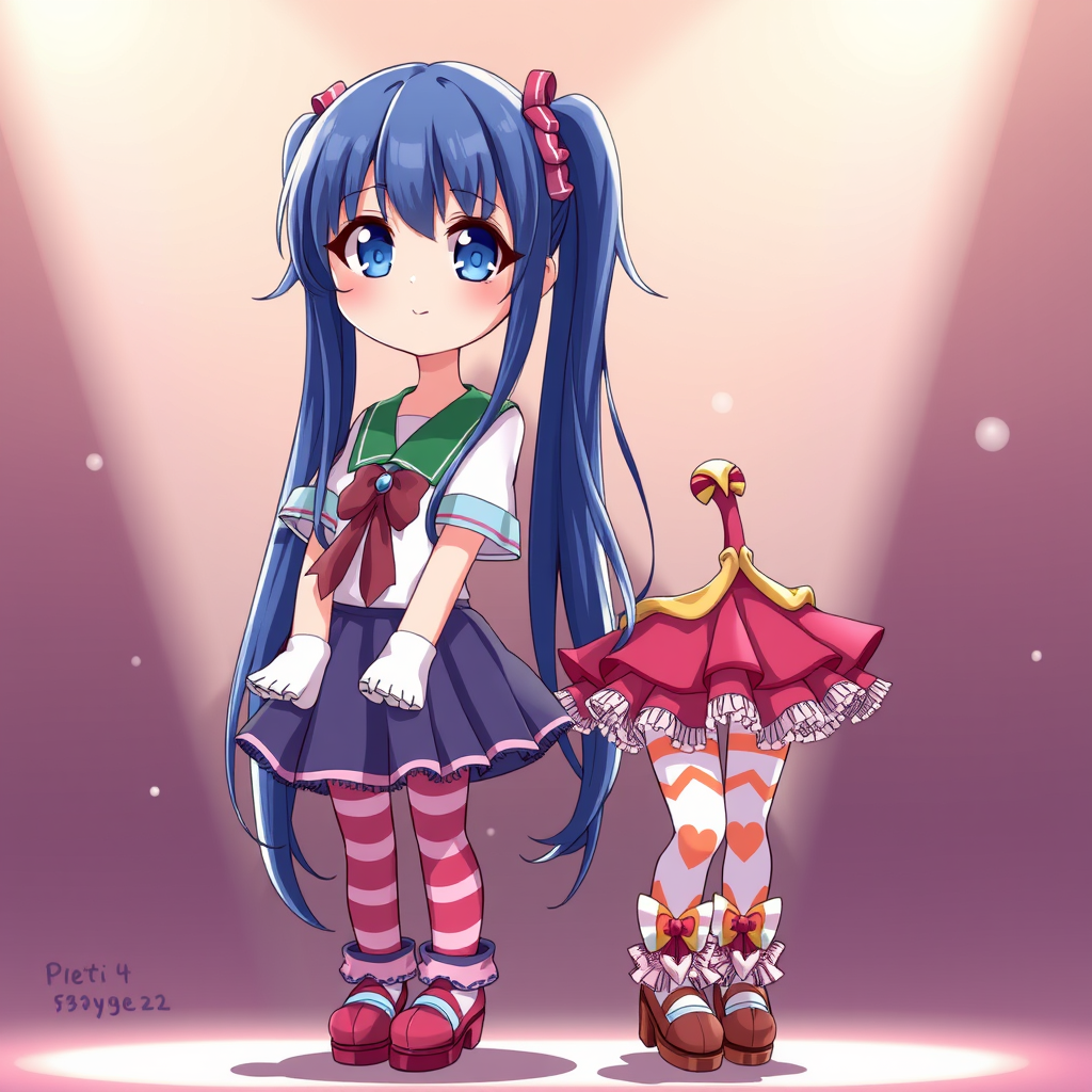 Petite (5'3") with long dark blue hair in twintails. Round, expressive blue eyes and a cheerful face with rosy cheeks. Favors colorful, cute outfits with skirts, patterned tights, and tops with fun designs. Stage costumes are elaborate with sequins and ruffles. anime style. - Image