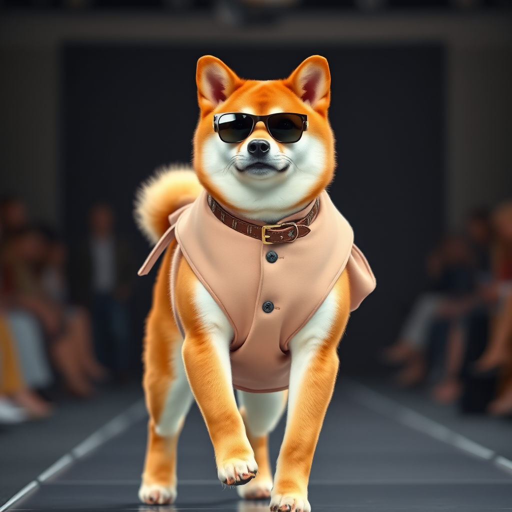 A Shiba Inu dressed in fashion walks on the runway, realistic, masterwork, high definition.