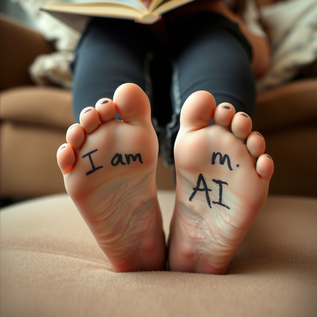 A girl is sitting on the sofa reading a book. She is wearing black jeans and has bare feet. Her feet are facing the camera. "I am AI" is written in black ink on the soles of her feet. Depth of field effect.