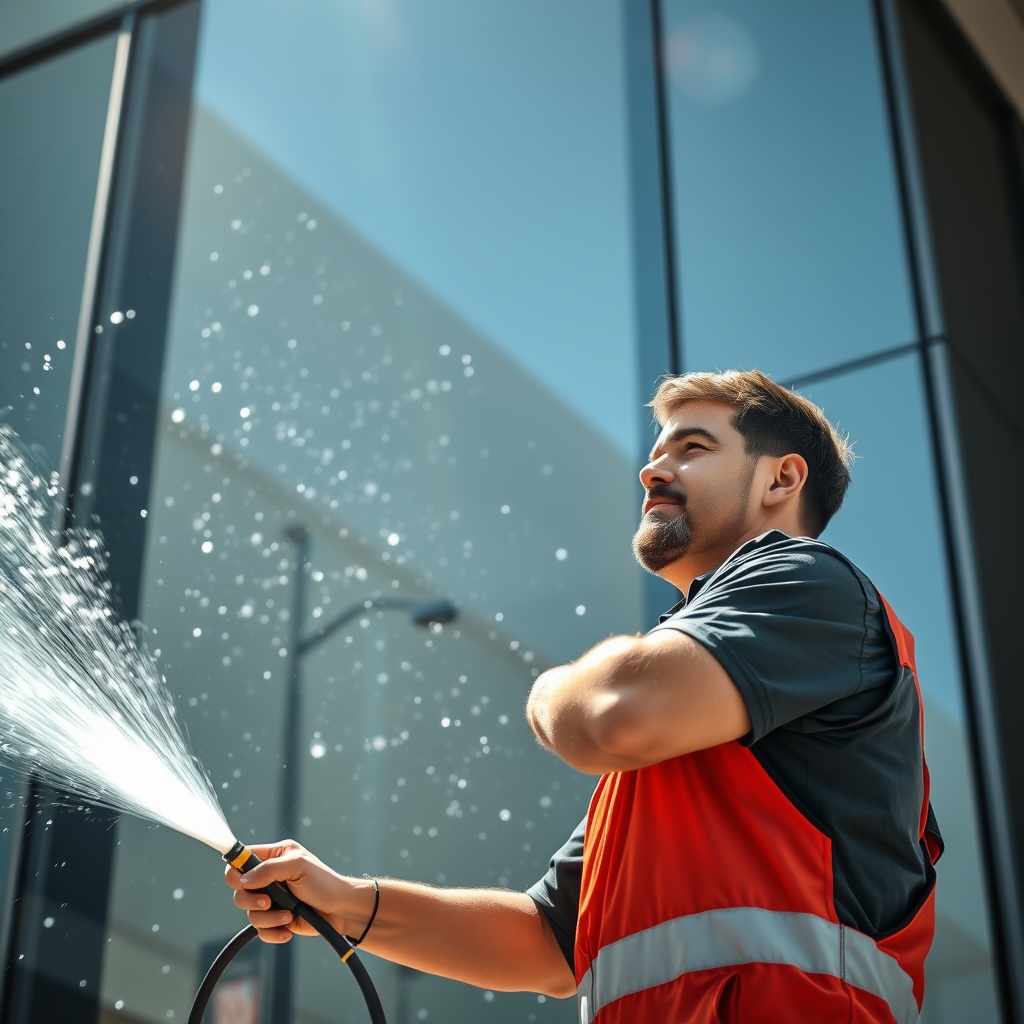 Photorealistic image of a man washing a building facade. The scene should capture the man in action, with water spraying and soap bubbles emphasizing the cleanliness of the building. It’s important to convey his focused expression, the sleek design of the pressure washer, and bright sunlight reflecting off the clean facade. - Image