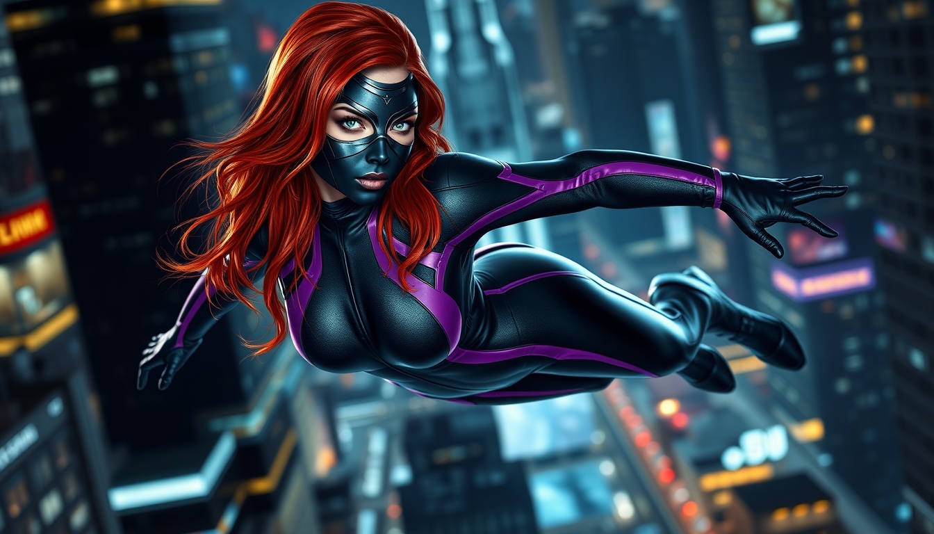 I used Flux AI Image Generator to create this image of a woman with red hair and green eyes. She's wearing a skin-tight black and purple spandex suit. The suit has a high collar and long sleeves. She's wearing a full black metallic mask and gliding through the air. We can see every detail of her outfit from head to toe, including her boots. The background is a futuristic city. I love this image; it's like something out of a fantasy movie. Nighttime.