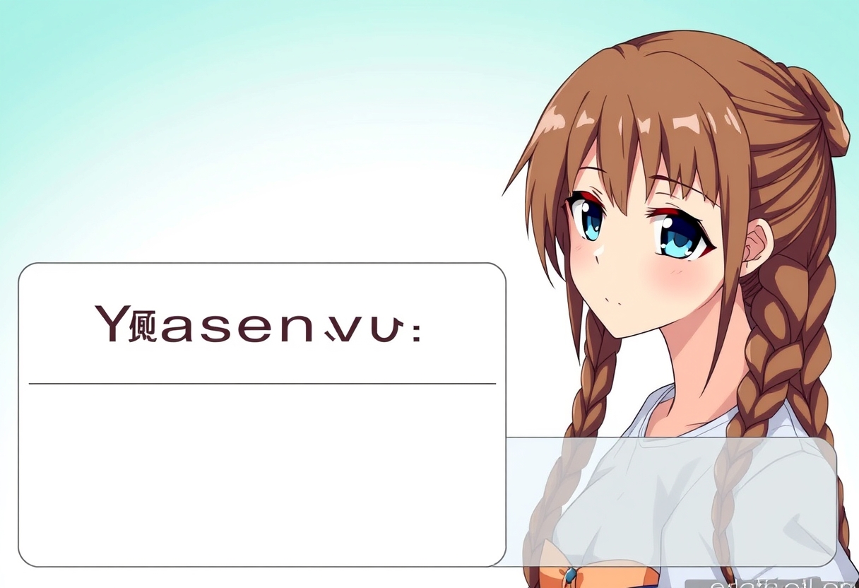 Visual novel with game interface showing block of text "Yaseneva" and image of the girl with brown hair with long braids and blue eyes in the style of anime.