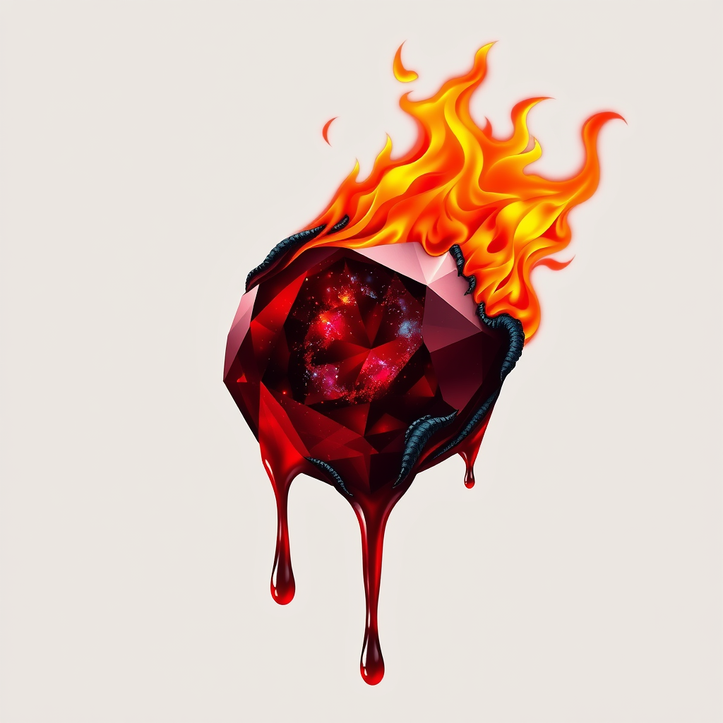 A t-shirt design of a beautiful ruby on fire with beautiful liquid red ruby dripping with flames. The ruby has black char all over it and subtle colorful embers burning in the ruby. Inside of the ruby should be reminiscent of beautiful galaxies perfectly blended with chaos. Striking and otherworldly on a transparent background.