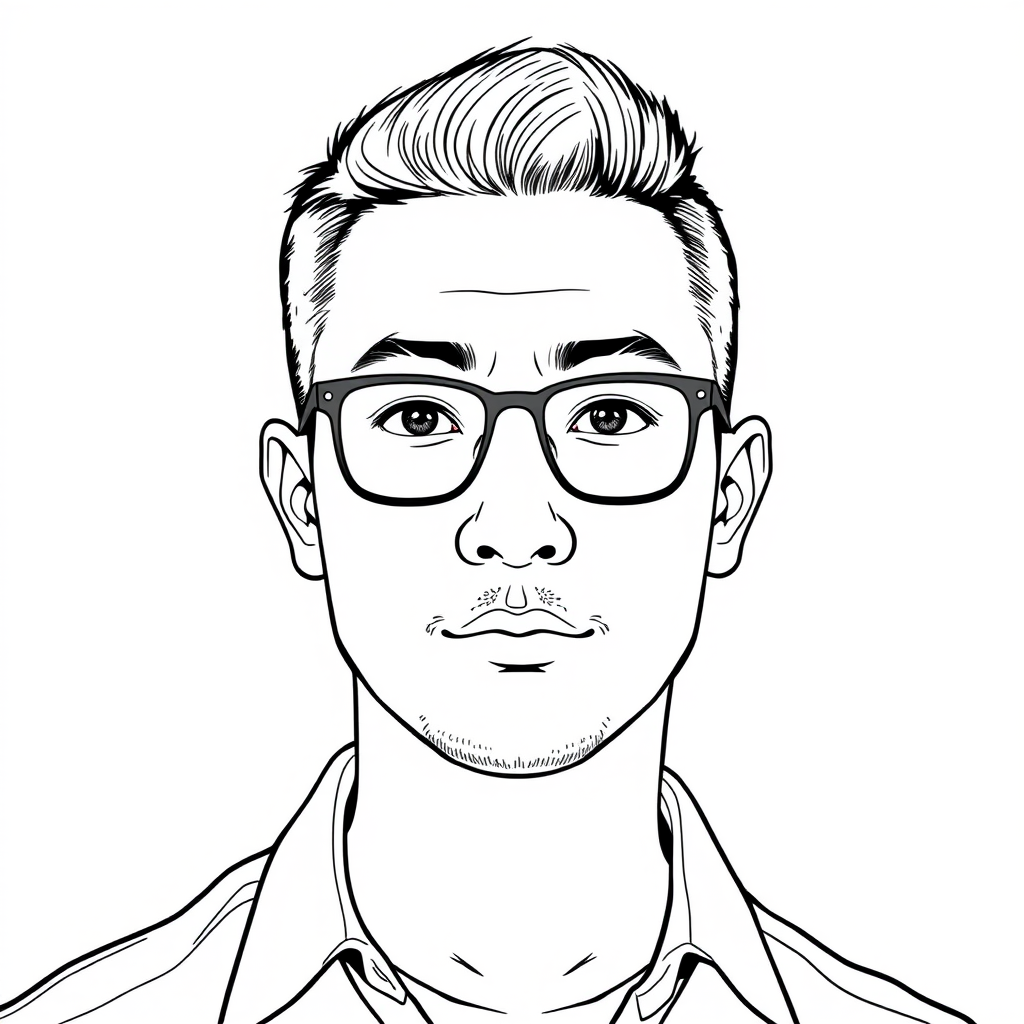 A cool black and white line drawing of a man about 35 years old, with short crew cut hair, Asian, wearing thin black-framed glasses, a slightly short beard on his chin, a shirt, a full face, clean and fresh skin, and a slightly plump physique. - Image