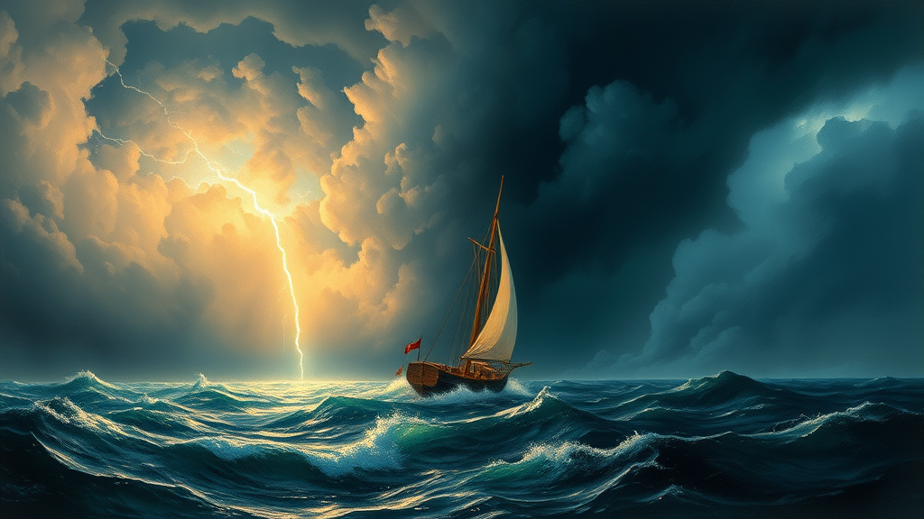 A sailboat in the middle of the ocean with a lightning bolt coming from it, inspired by Ivan Aivazovsky, romanticism, Shutterstock, storm at sea, a ship lost in a storm, in a storm, a violent storm at sea, wild ocean storm at night, storm of all storms. - Image