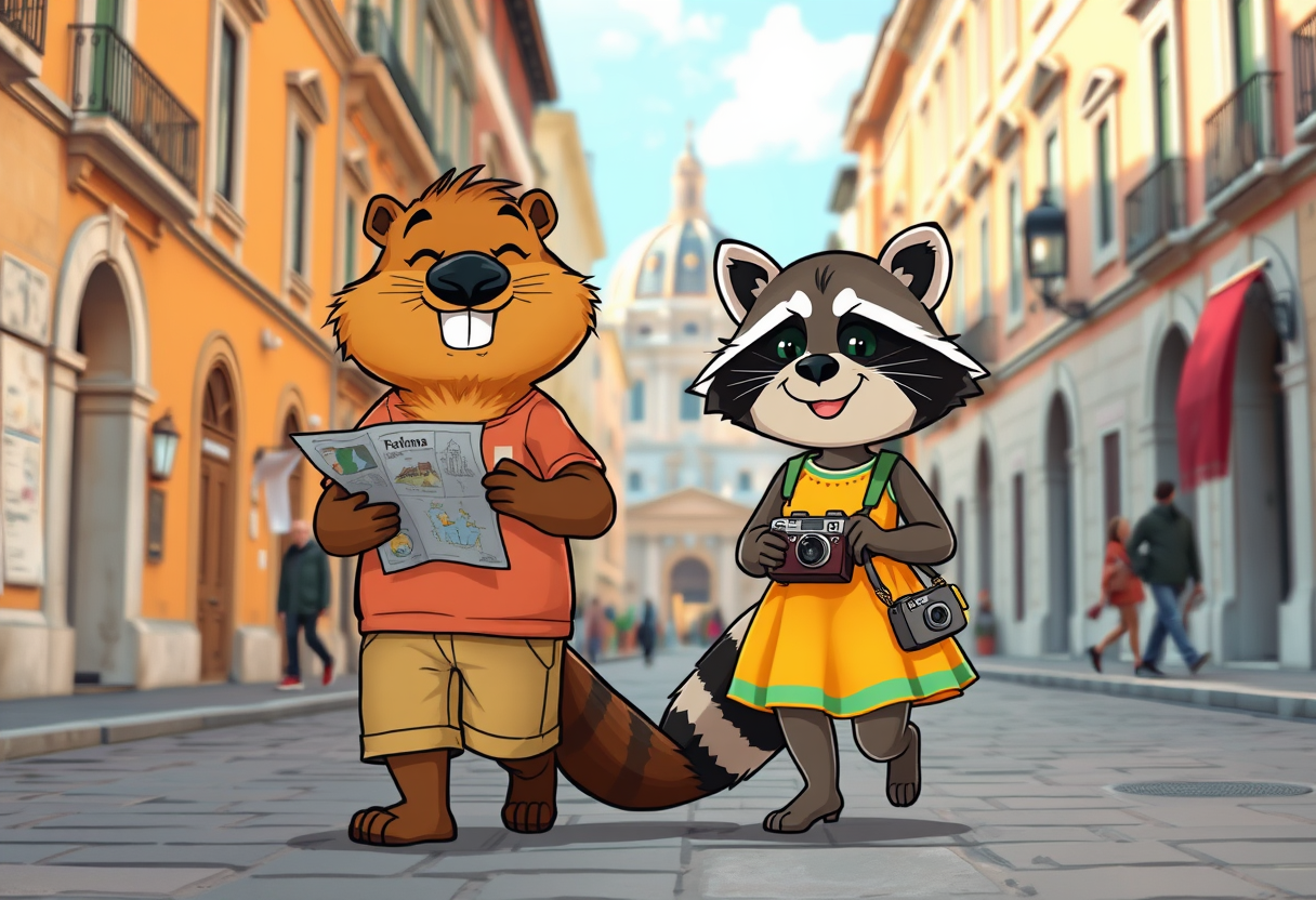 Create a charming scene where a beaver guy dressed in shorts and a t-shirt and a raccoon girl dressed in a bright dress, both smiling, casually strolling through the picturesque streets of Rome. The beaver should hold a map, eagerly pointing out landmarks, and the raccoon should carry a small camera, filming their adventures. The duo should look cheerful and curious, enjoying their whimsical journey together. Surround them with iconic Roman elements. The vibrant colors of the historic buildings should complement the lively atmosphere. This photo should evoke a sense of wonder, camaraderie, and playful exploration in one of the most beautiful cities in the world. Chibi, Pixar Style, Photorealism.