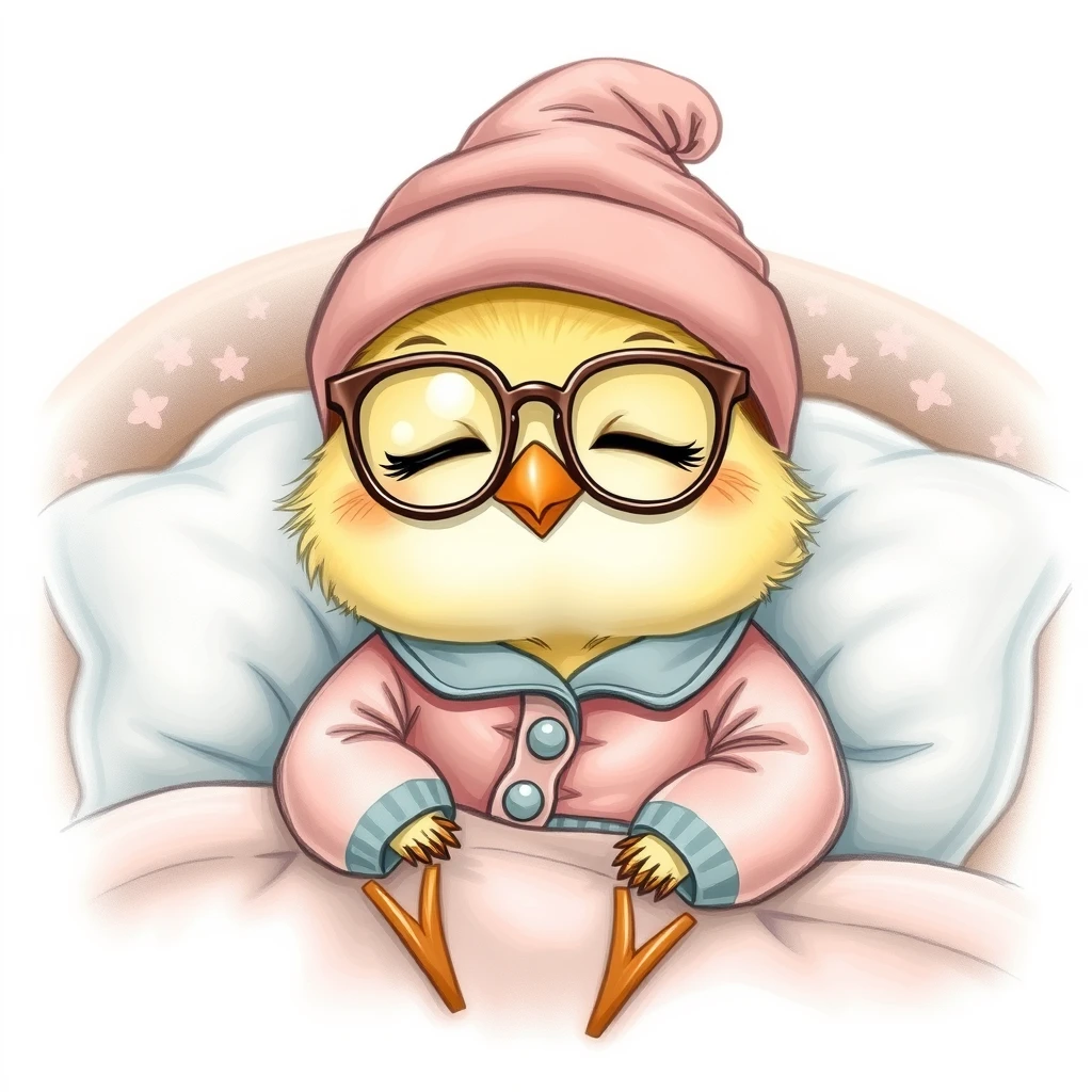 Realistic drawing of a sweet, small, and cute Kawaii little bird with glasses, wearing a beautiful pajama and a sleepy hat, happily sleeping in its cute little bed.