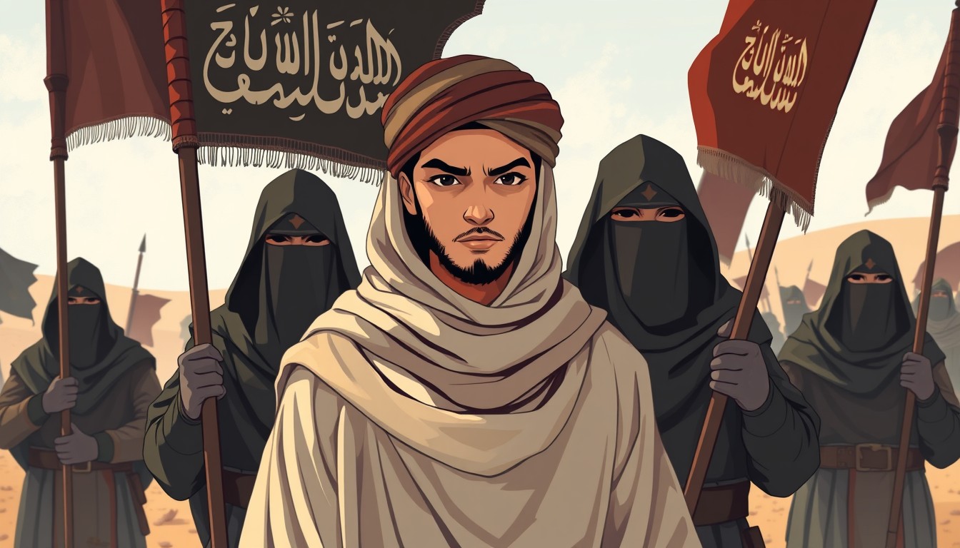 Full-view minimal illustration of a young Muslim commander wearing a modest cloak and turban with a scarf hood, standing behind great Muslim warriors with a leader expression. The medieval Muslim warriors are covering their faces with veils and holding black shahada banners, guarding him in open land, alpha, acrylic paint shader, dynamic illustration.