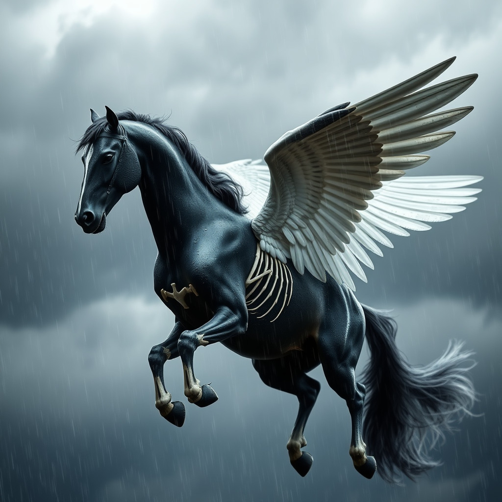 A black Pegasus flying through dark clouds in the rain. Raindrops are flowing down its face and body. White bones are exposed on its chest, legs, wings, neck, and face. Photography. Side view. - Image