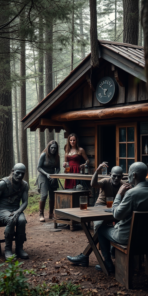 Real-life photography: In the forest, there is a wooden cabin where a female barbarian is selling alcohol, and a dressed zombie comes to buy some. Next to the cabin, there are tables and chairs, with zombies sitting and drinking.