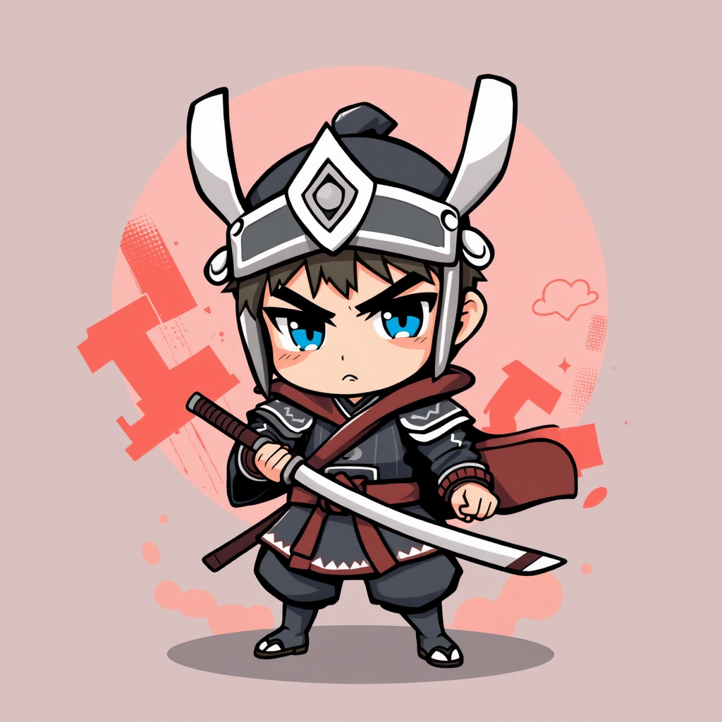 t-shirt design of an chibi samurai boy with anime style