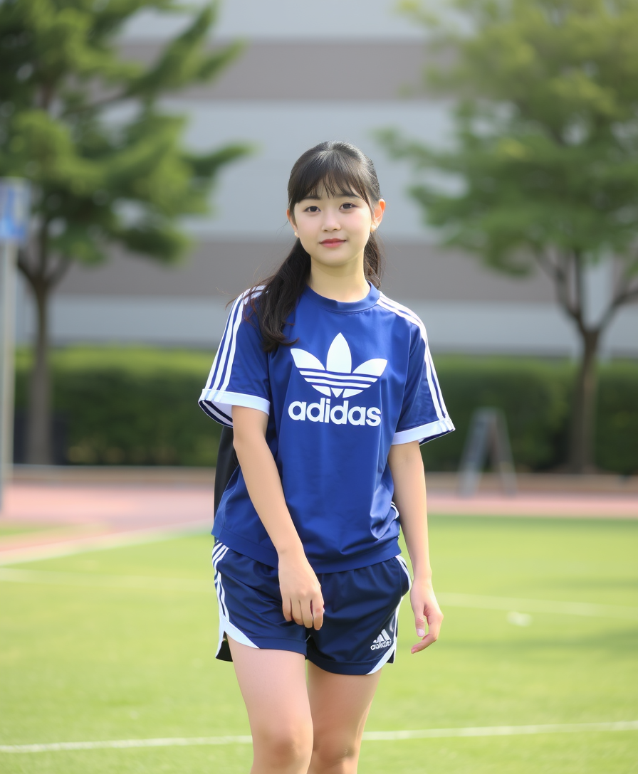 A Korean girl in gym clothes like Adidas. Short sleeves, shorts, gym clothes. School grounds.