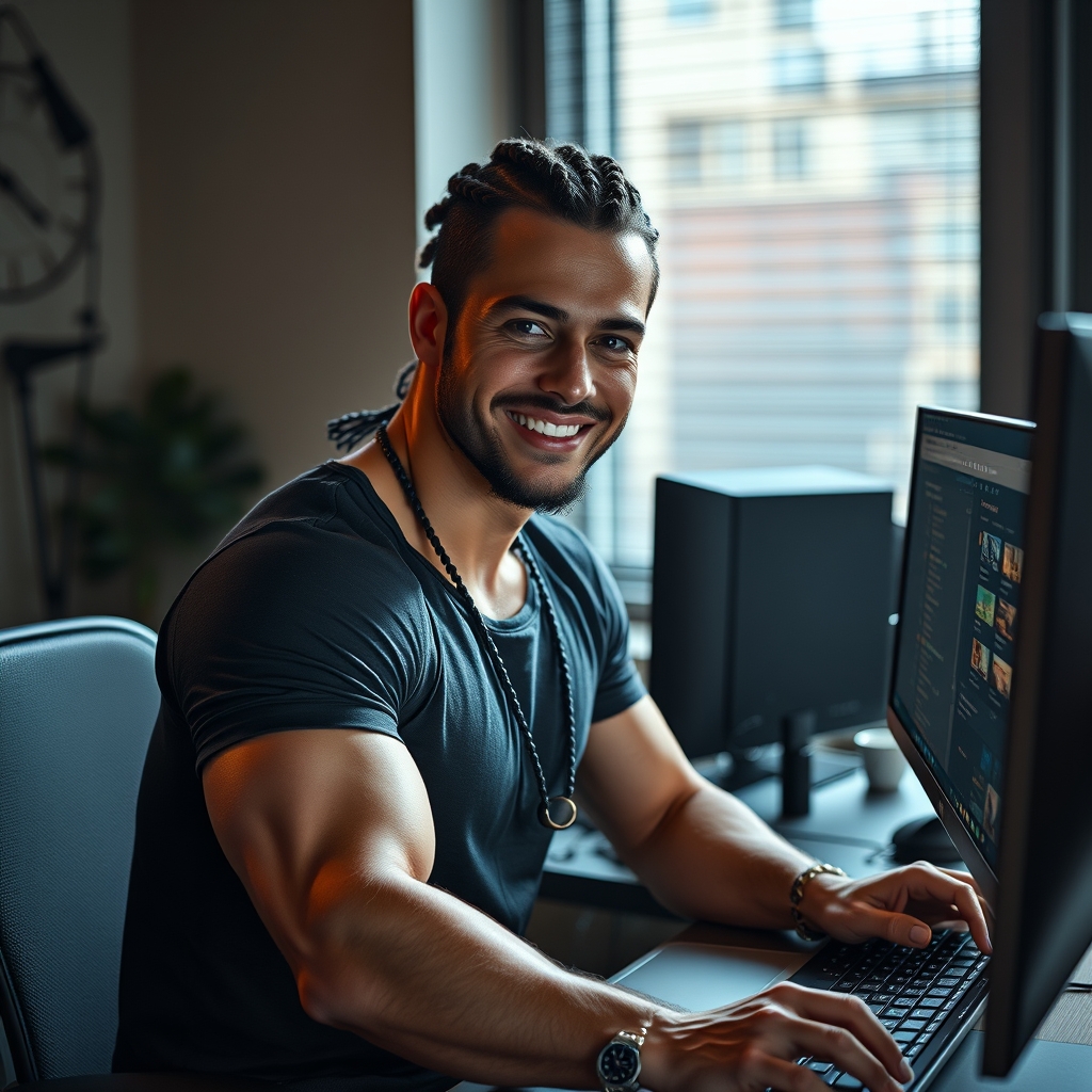 Realistic picture of a modern computer work area with a sexy 20 to 32-year-old professionally dressed male, perfect figure, perfect face, perfect eyes, perfect teeth, perfect body, athletic body, muscular arms, fit and muscular, braided hair, atmospheric lighting, cinematic composition, detailed, natural light, 4K, high-detail, epic, accessories, 8K, working on computers, breathtaking.