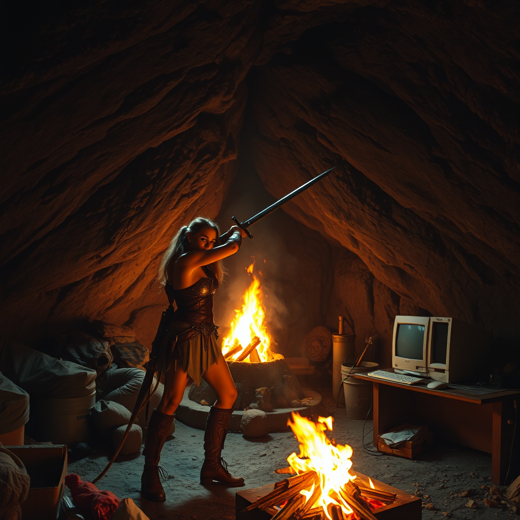 Real-life photography: At night, in the cave, there is a female barbarian using a sword to stab the wall. The cave is very large, with a bonfire, a 90s desktop computer, and some messy household items. - Image