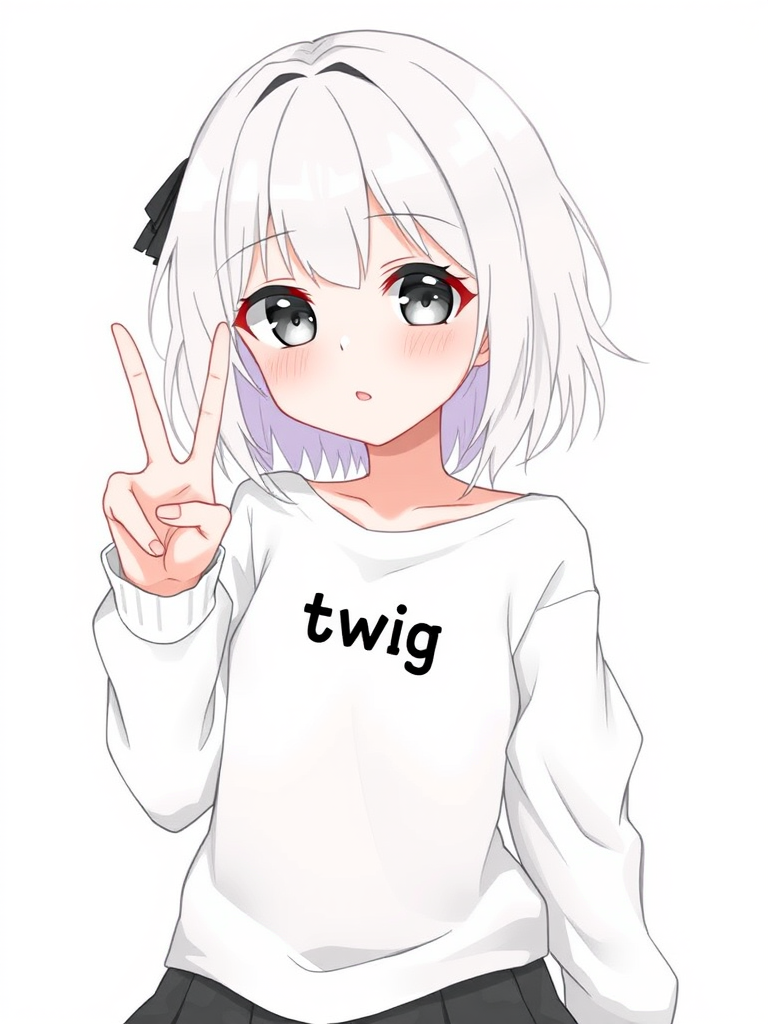 Anime girl with a white loose shirt, black text on the shirt saying "twig," making a peace sign, with white hair, gray eyes, and wearing a skirt. White background with nothing.