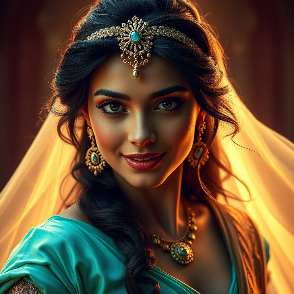 Stunning Princess Jasmine, 8k photo, in action, cinematic