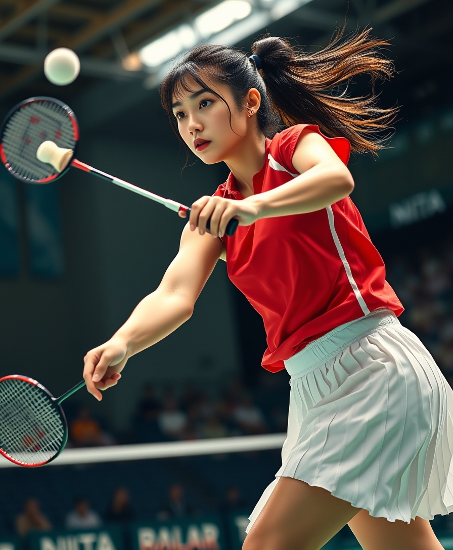 A detailed, realistic portrait of a young woman playing badminton in an indoor sports arena. The woman is wearing a bright red jersey and is mid-swing, her body in a dynamic, athletic pose as she focuses intently on the shuttlecock. The background is blurred, with glimpses of the court, net, and spectator stands visible. The lighting is natural and directional, creating shadows and highlights that accentuate the woman's features and muscular definition. The overall composition conveys a sense of energy, movement, and the intensity of the game. The image is highly detailed, with a photorealistic quality that captures the textures of the woman's clothing, skin, and the badminton equipment. 

A woman with a beautiful face like a Japanese idol, wearing a white pleated skirt.

Badminton rackets and shuttlecocks with dynamic swings and motion blur. Depiction of the human body with a flawless persona.