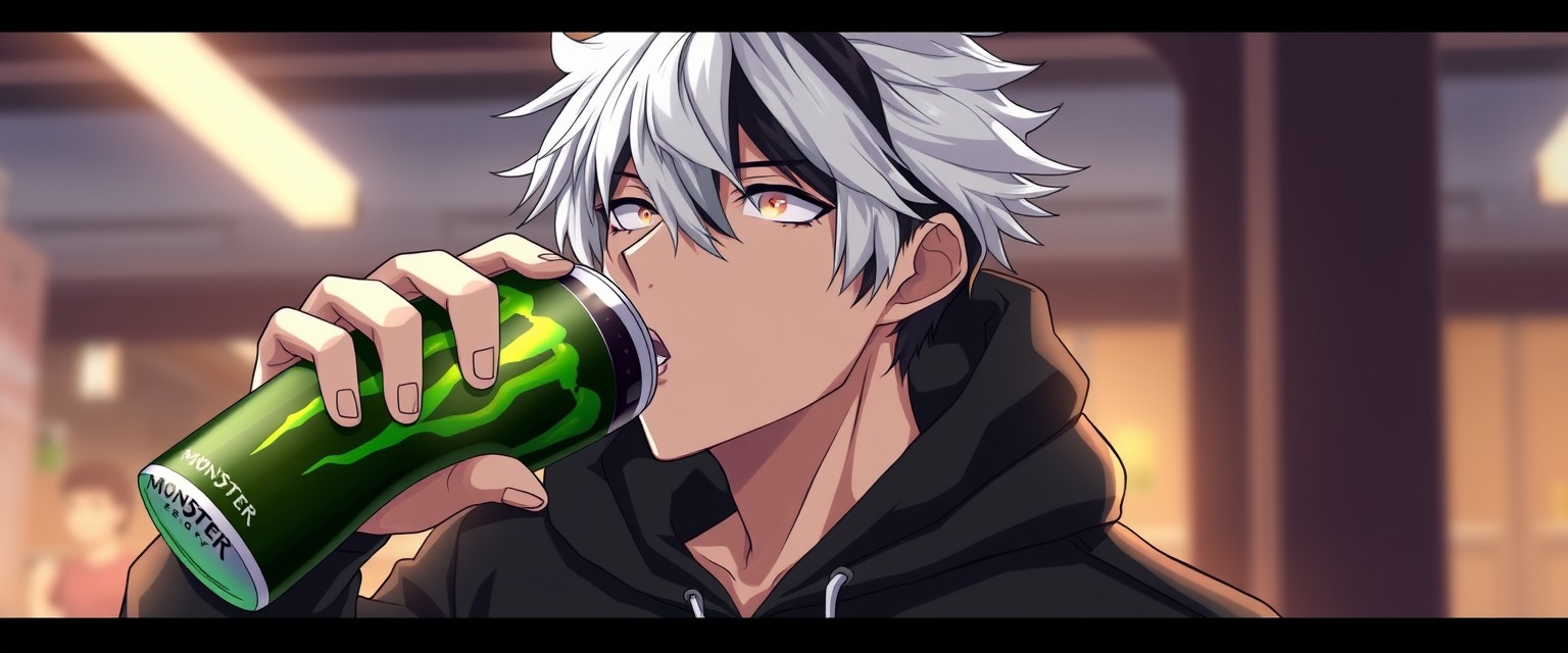 "Anime-type man with half white and half black hair wearing a black hoodie drinking Monster Energy."