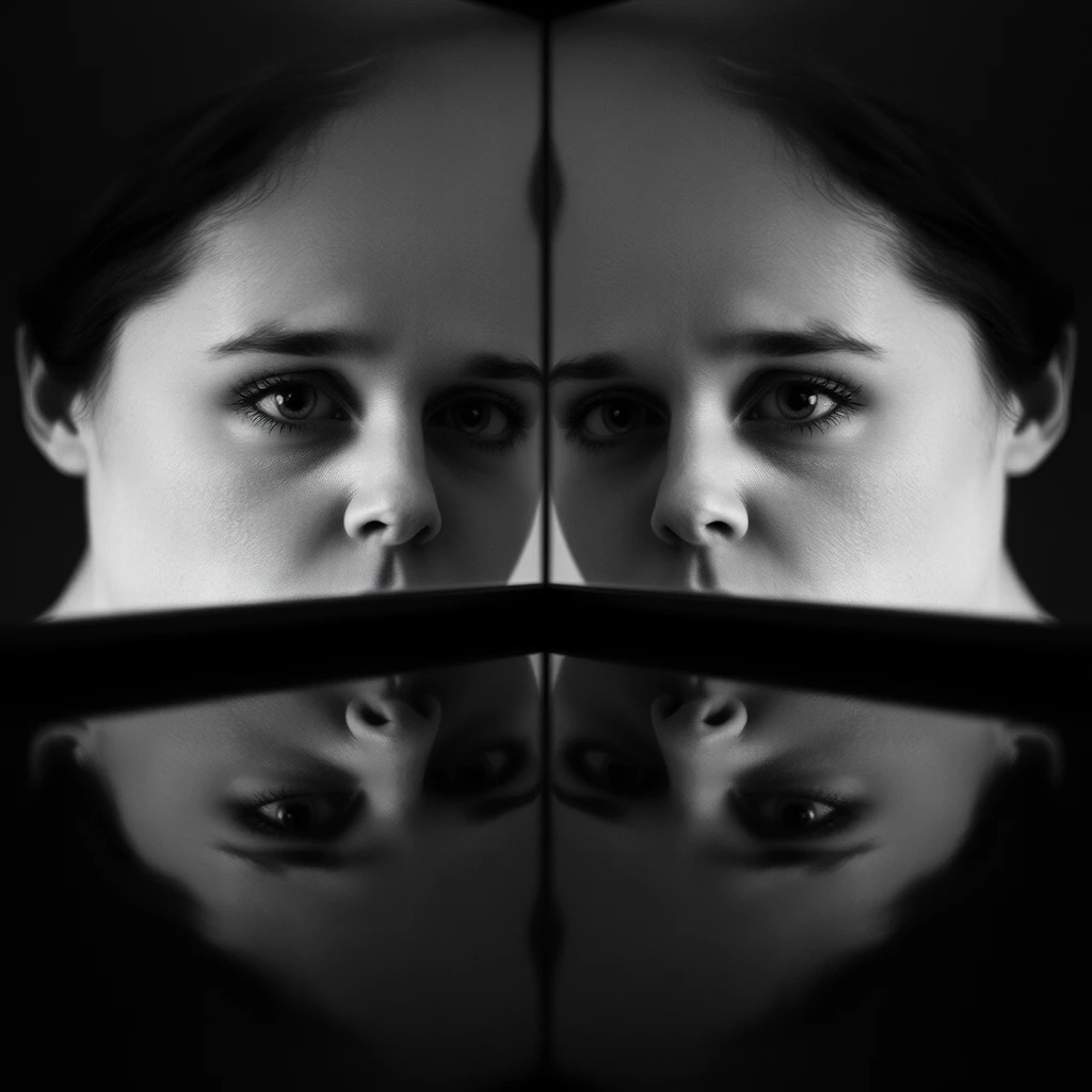 Face reflection in mirror photography. [SYMMETRICAL BALANCE] composition, monochrome.