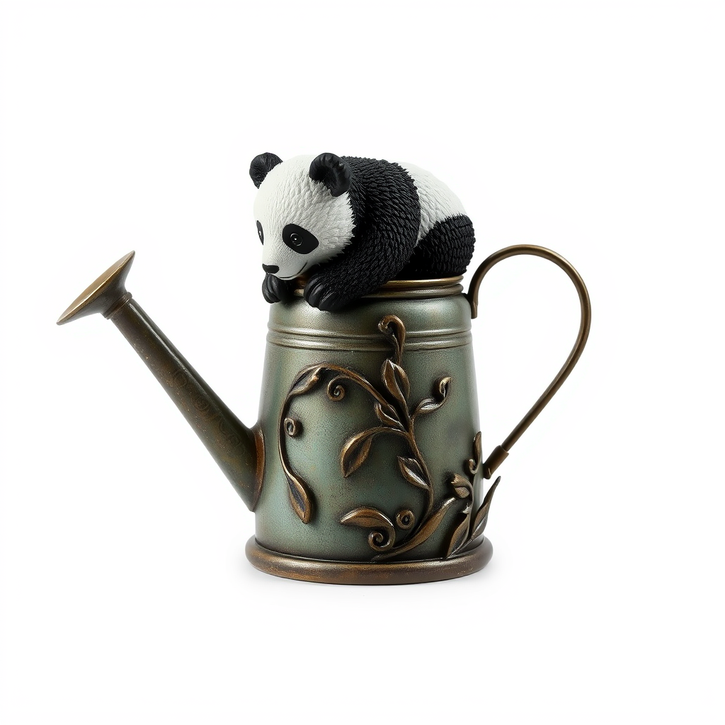 Transparent background, watering can, decorated with a panda, wrought iron, historical feel, abstract.