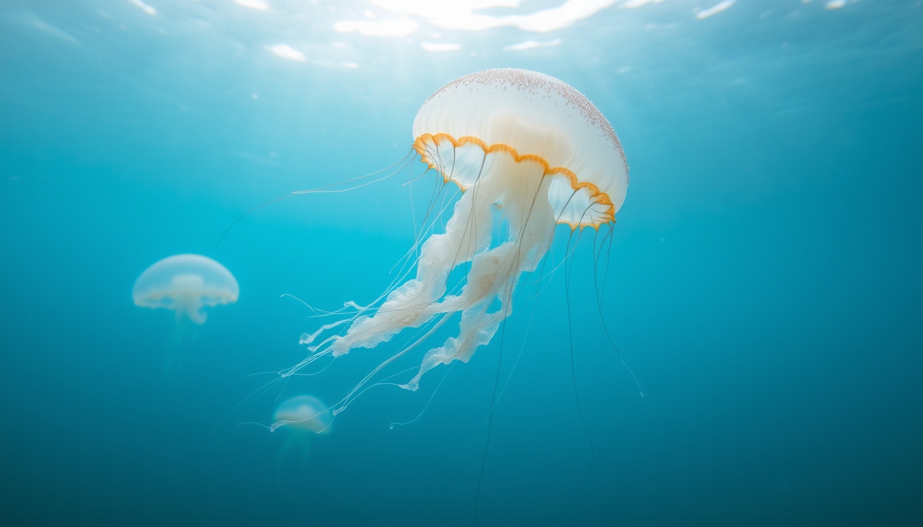 A serene underwater scene with glassy jellyfish floating gracefully. - Image