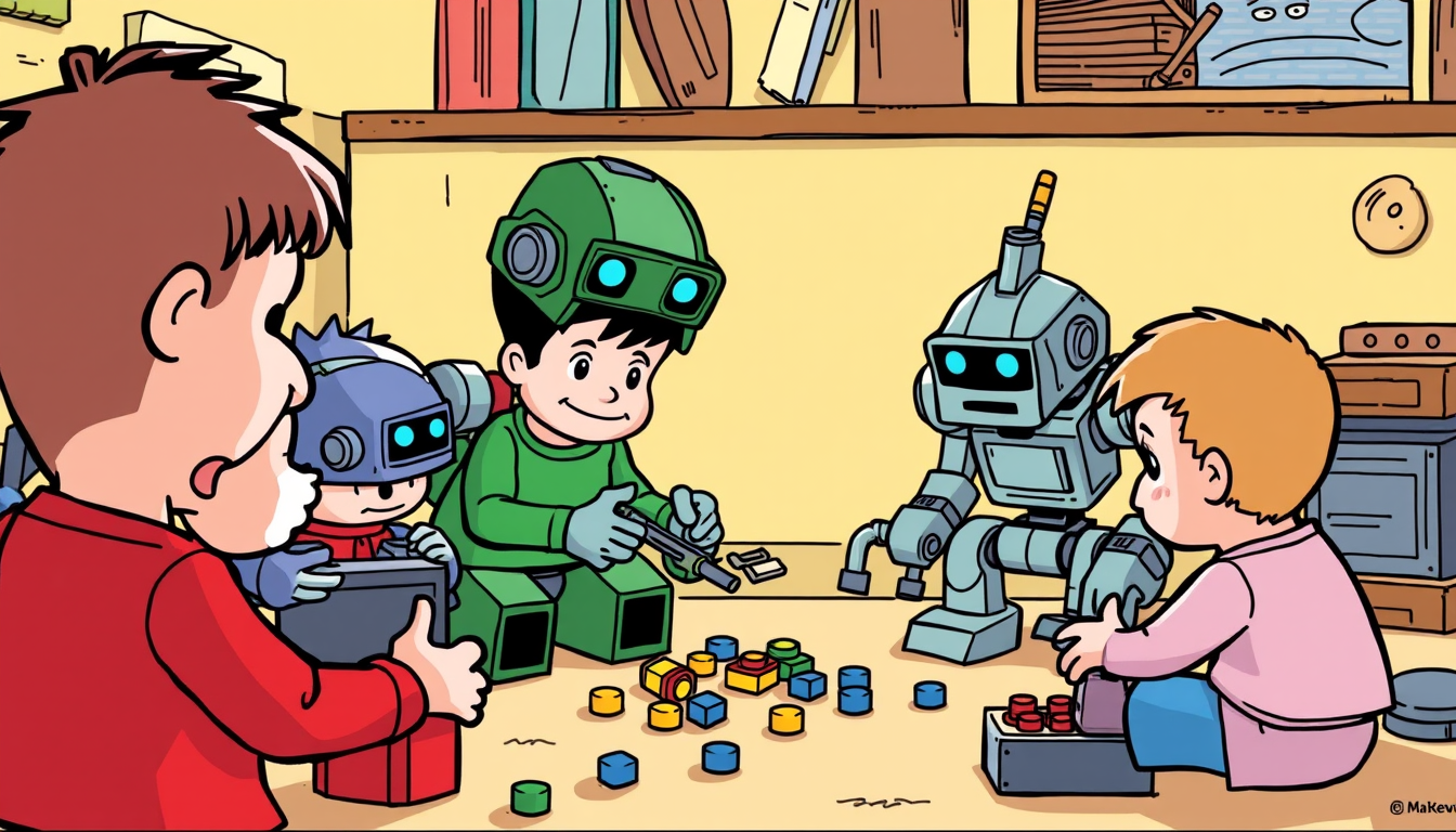 Children building LEGO robots, cartoon, by Matt Groening, by Alan Moore, by Jack Kirby, by Bill Watterson.