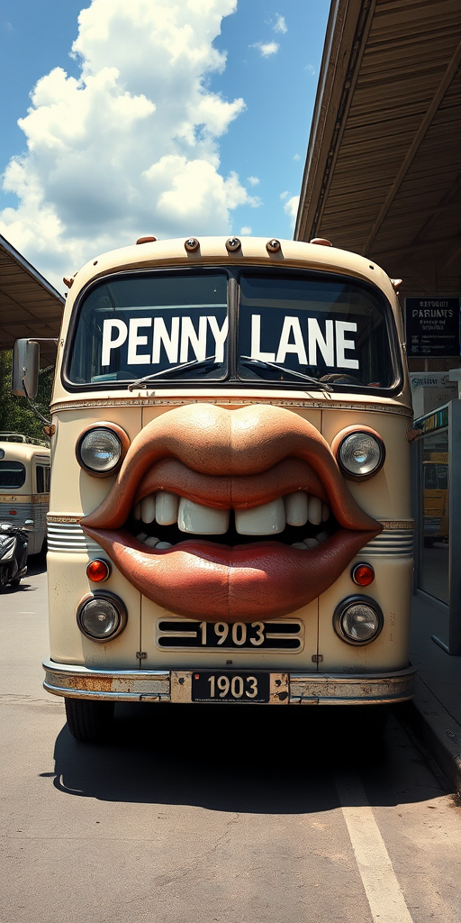 Surreal and whimsical image featuring a vintage bus parked at a bus station. The bus has a cream-colored exterior with a slightly weathered look, and the number '1903' is displayed on the front. The most striking feature is the large, exaggerated set of lips and teeth superimposed on the front of the bus, resembling a face with headlights as eyes and giving it a cartoonish and humorous appearance. The bus station has a covered area with a high roof, and there are other buses and motorcycles visible in the background. The bus destination sign reads 'PENNY LANE' in white text on a black background. The overall scene is bright and clear, with a blue sky and some clouds visible. - Image