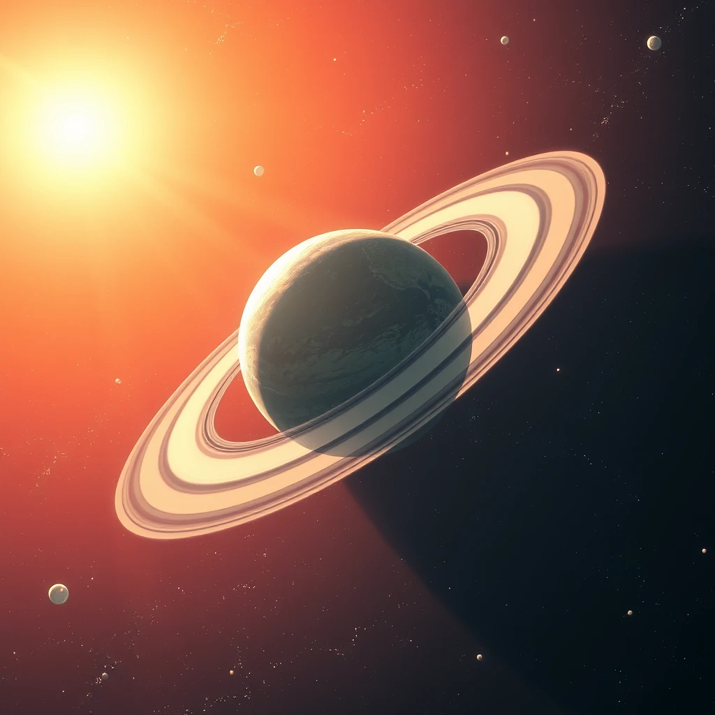 planet in space with wide rings of ice, Sideview, retrofuturism, 80s 90s, breathtaking;