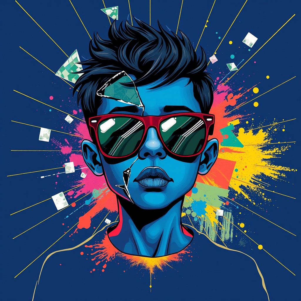 A boy with blue skin and an abstract broken face, wearing sunglasses, surrounded by glass breakage and gold lines on a dark blue background, with a colorful explosion of spilled powder. Illustration style, Andy Warhol style, Picasso style.